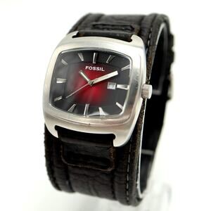 Vintage Y2K Fossil Mens 38mm Watch Wide Red Sunburst Black Leather w New Battery